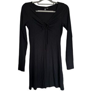 Volcom Black Ribbed Long Sleeve Tie Front Babydoll Dress Urban Oasis Dress